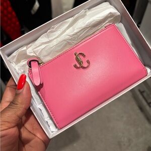 Jimmy Choo Pink Leather Zip Card Holder with Gold JC Emblem